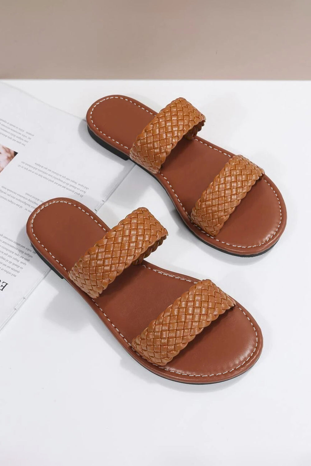 Chestnut Braided Double Band Leathered Flat Slippers