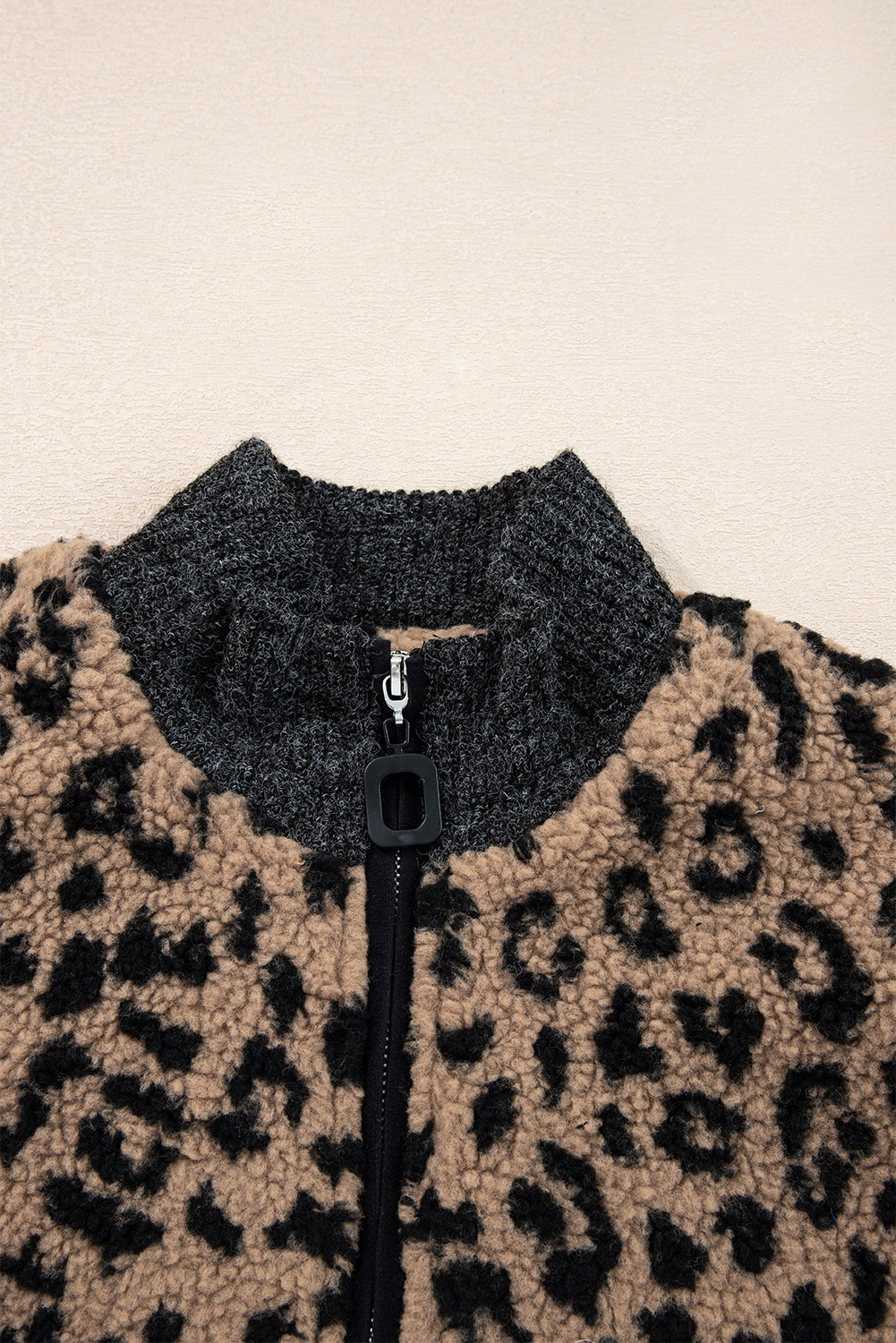 Khaki Leopard Print Zip Up Stand Neck Side Pocket Jacket