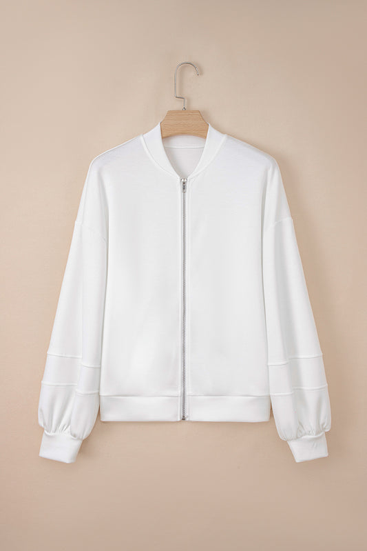 White Solid Color Zip Up Knit Puff Sleeve Jacket