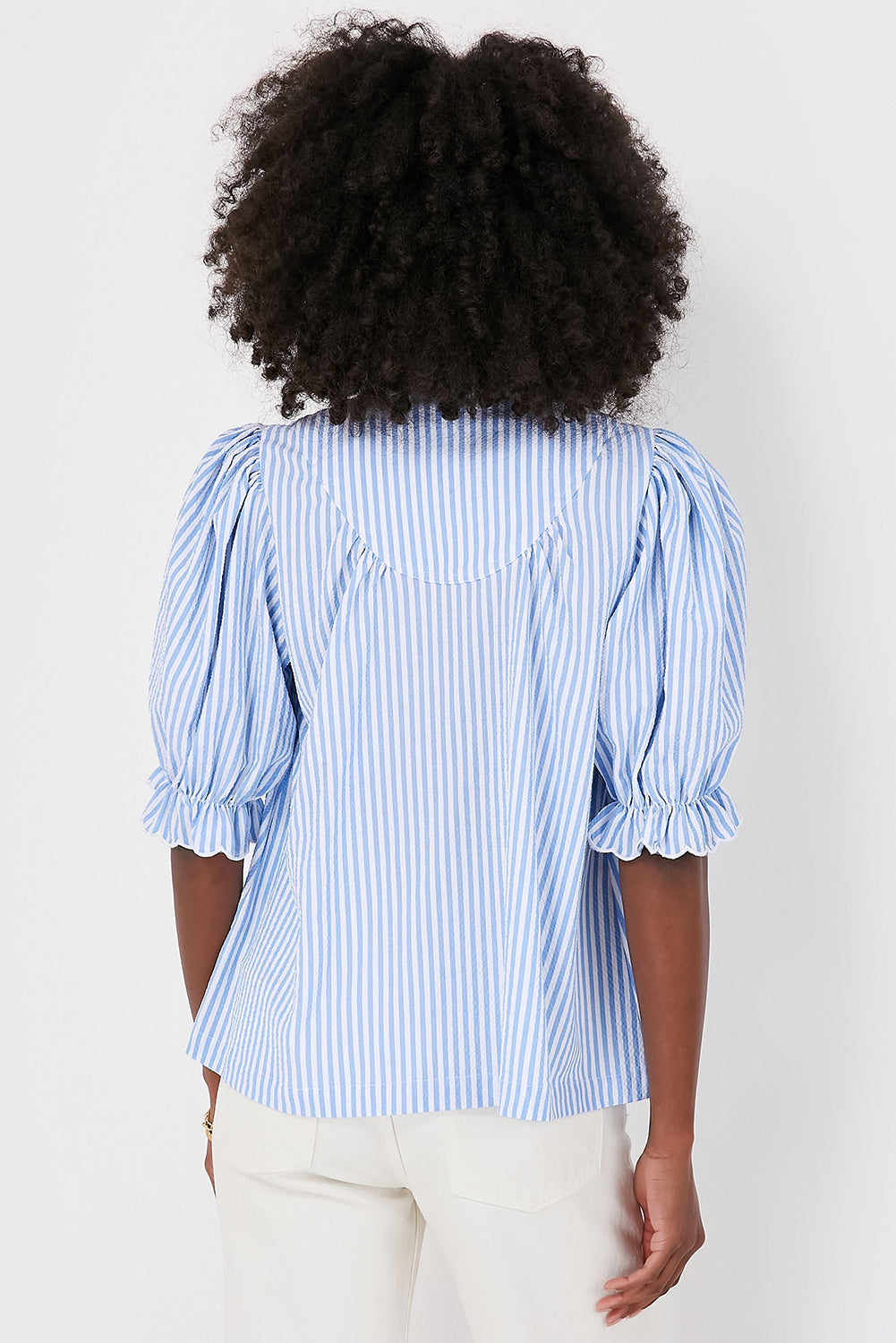 Sky Blue Stripe Ruffled Collar Puff Sleeve Half Buttons Blouse