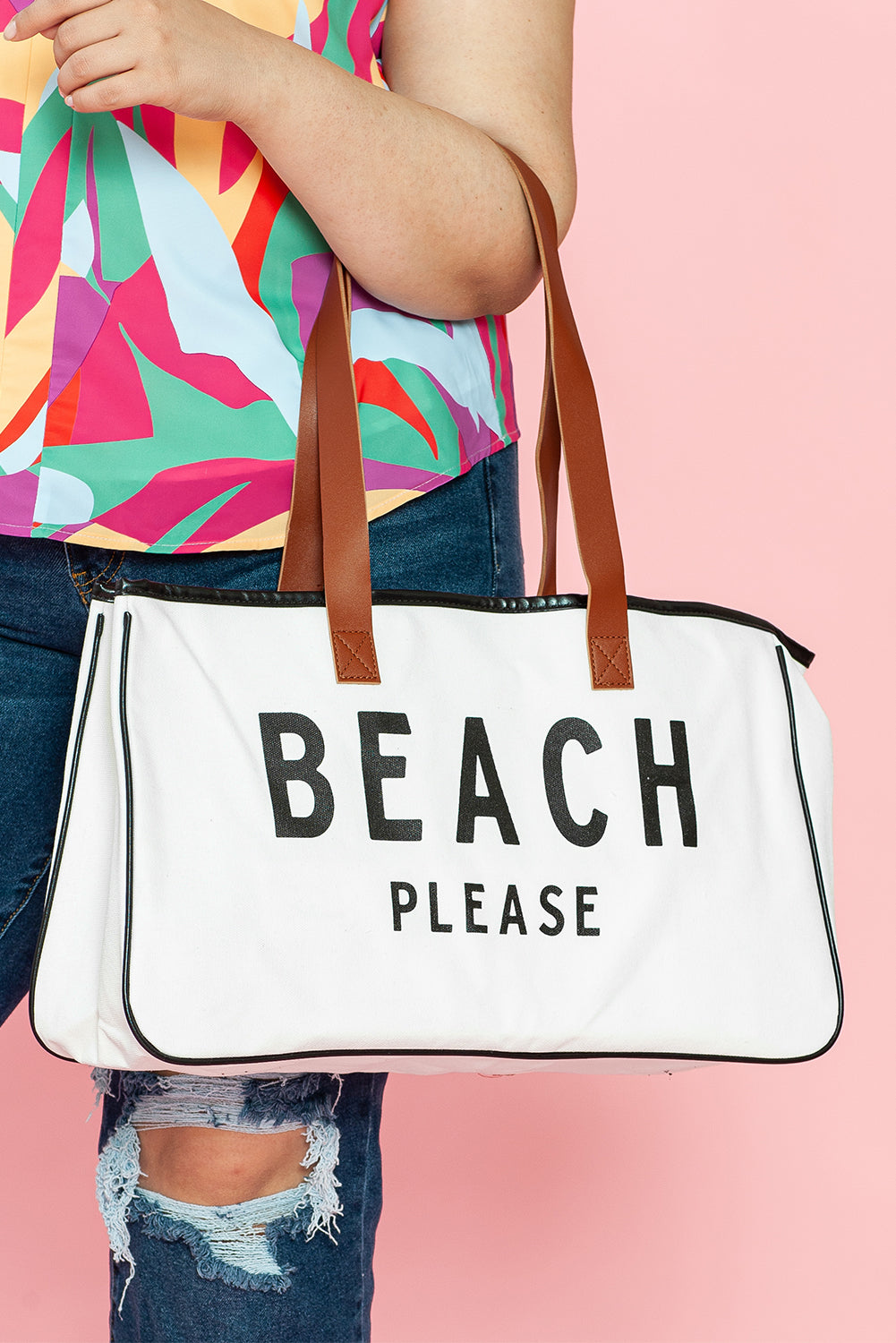 Weiße große Canvas-Tragetasche mit „BEACH PLEASE“-Aufdruck