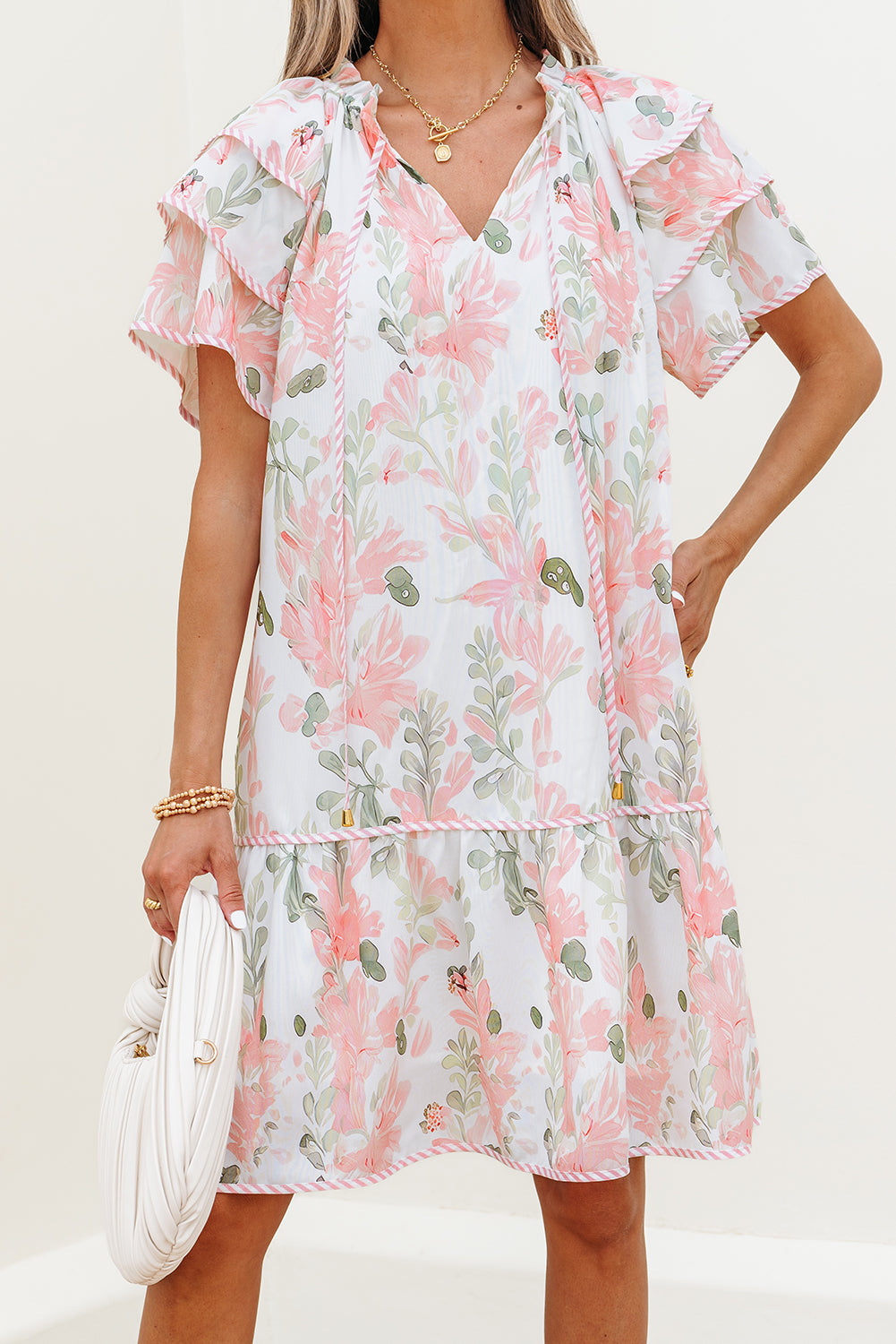 Pink Floral Contrast Edge Layered Short Sleeve Mini Dress