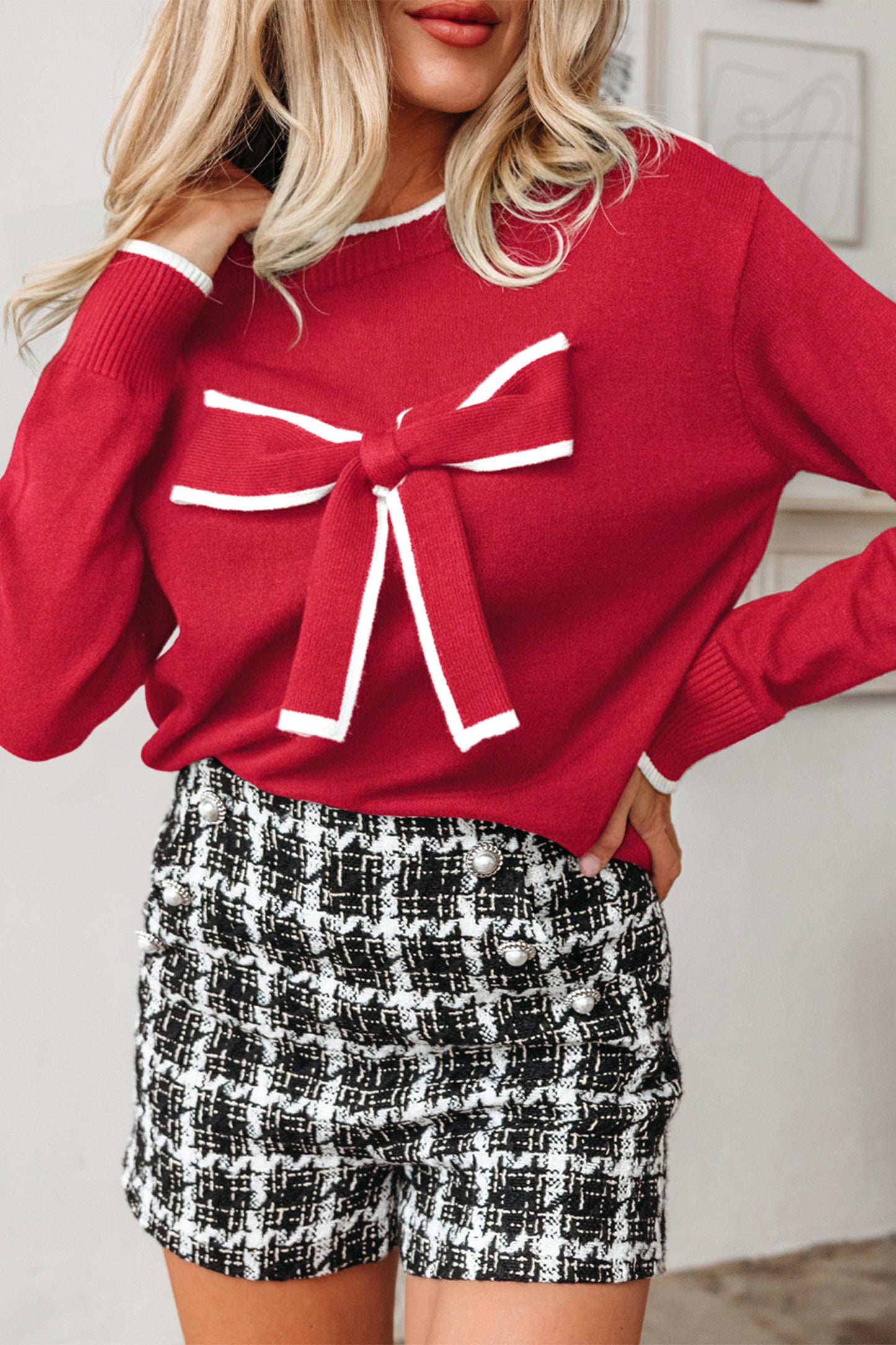 Fiery Red Contrast Trim Big Bow Accent Holiday Cropped Sweater