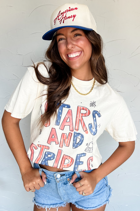 White STARS AND STRIPES Crew Neck Graphic Tee