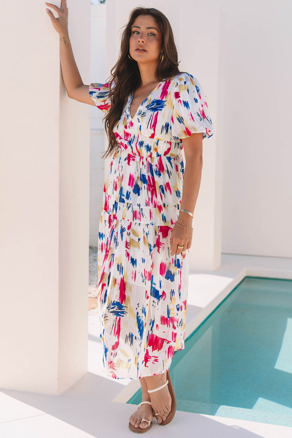 Rose Abstract Print Short Puff Sleeve Tiered Maxi Dress