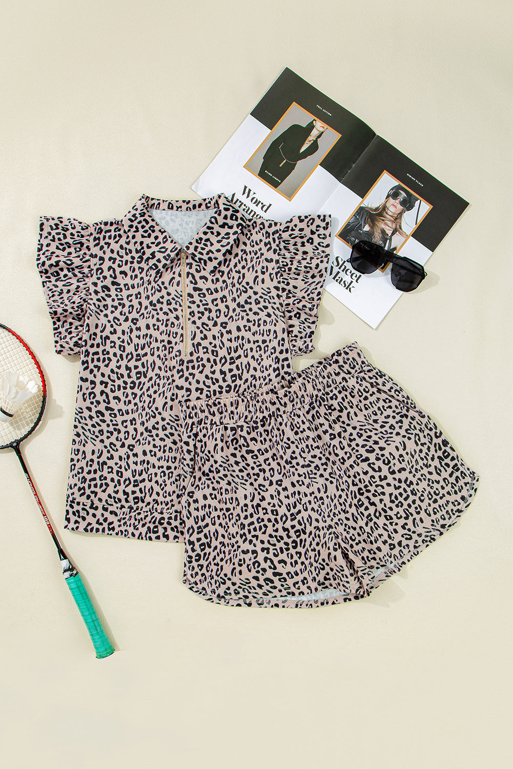 Brown Leopard Half Zipper Collared Ruffled Sleeve Top and Short Set