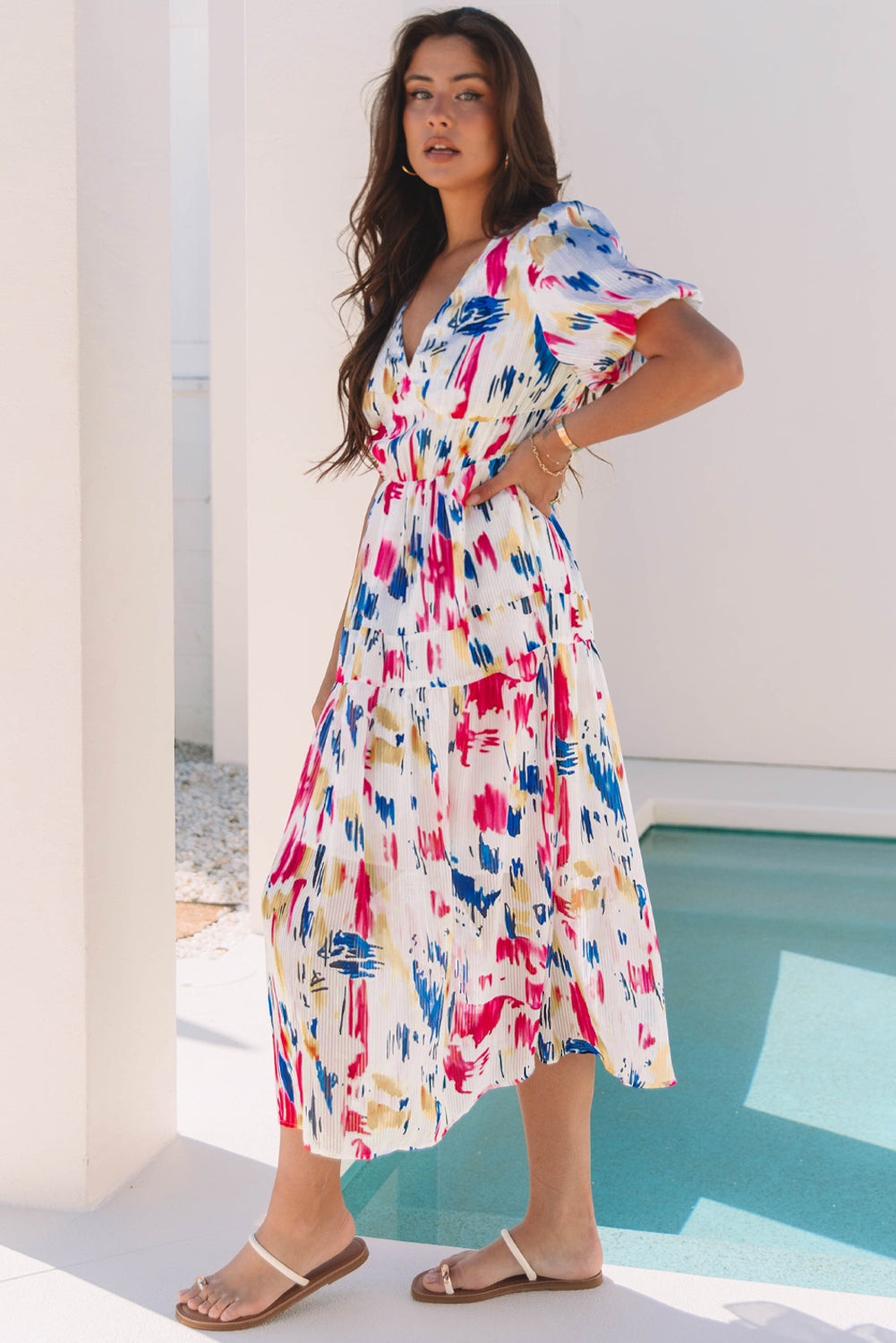 Rose Abstract Print Short Puff Sleeve Tiered Maxi Dress